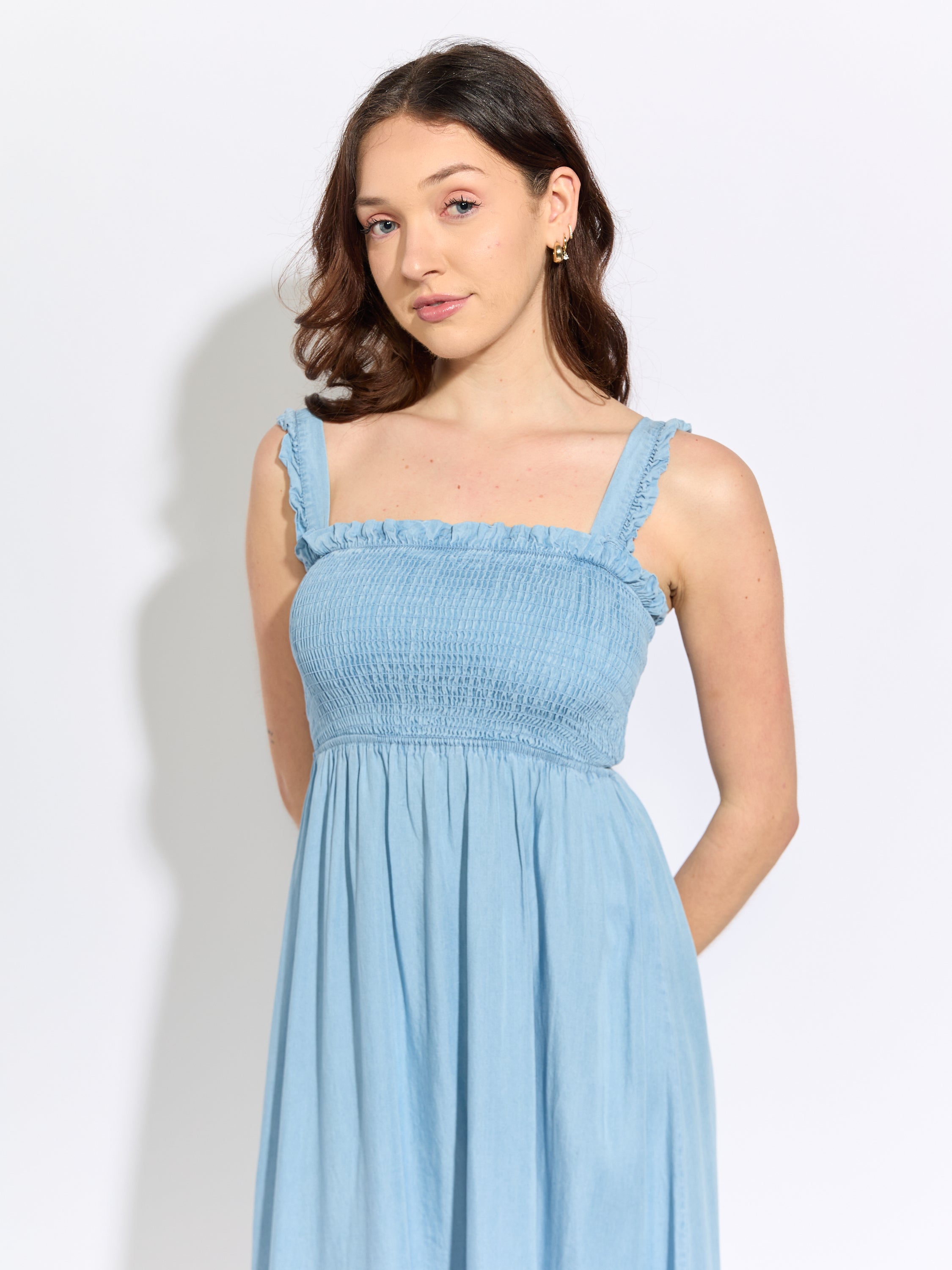 Smock Ruffle Sleeve Chambray Midi Dress