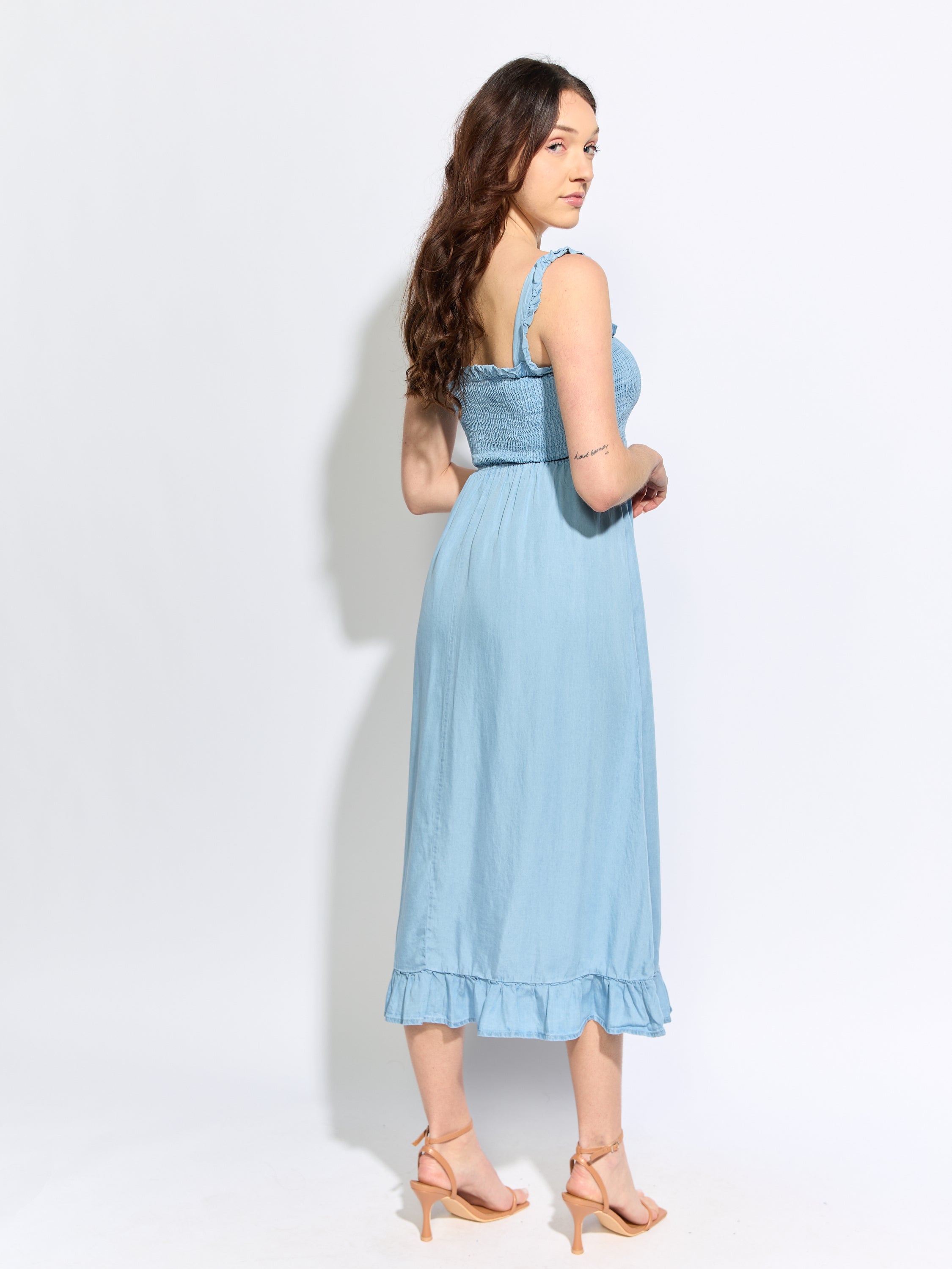Smock Ruffle Sleeve Chambray Midi Dress