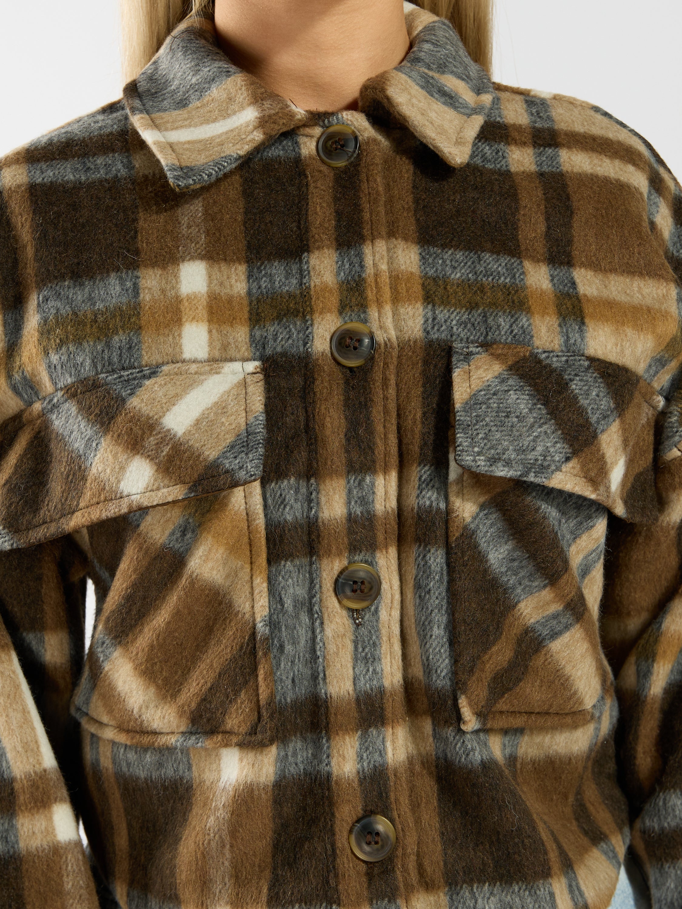 Cropped Plaid Shacket with Two Pockets