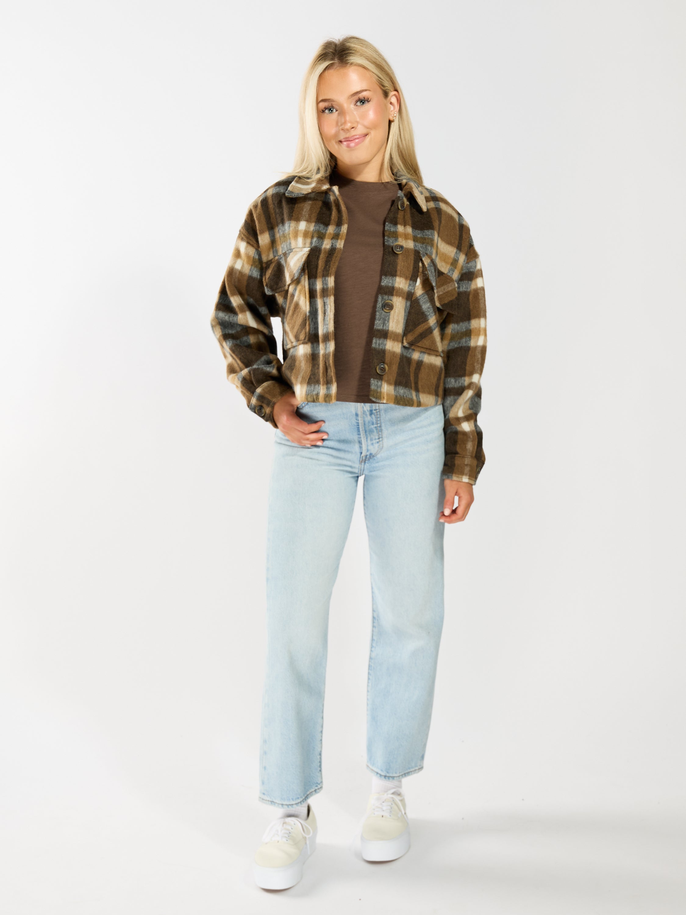 Cropped Plaid Shacket with Two Pockets