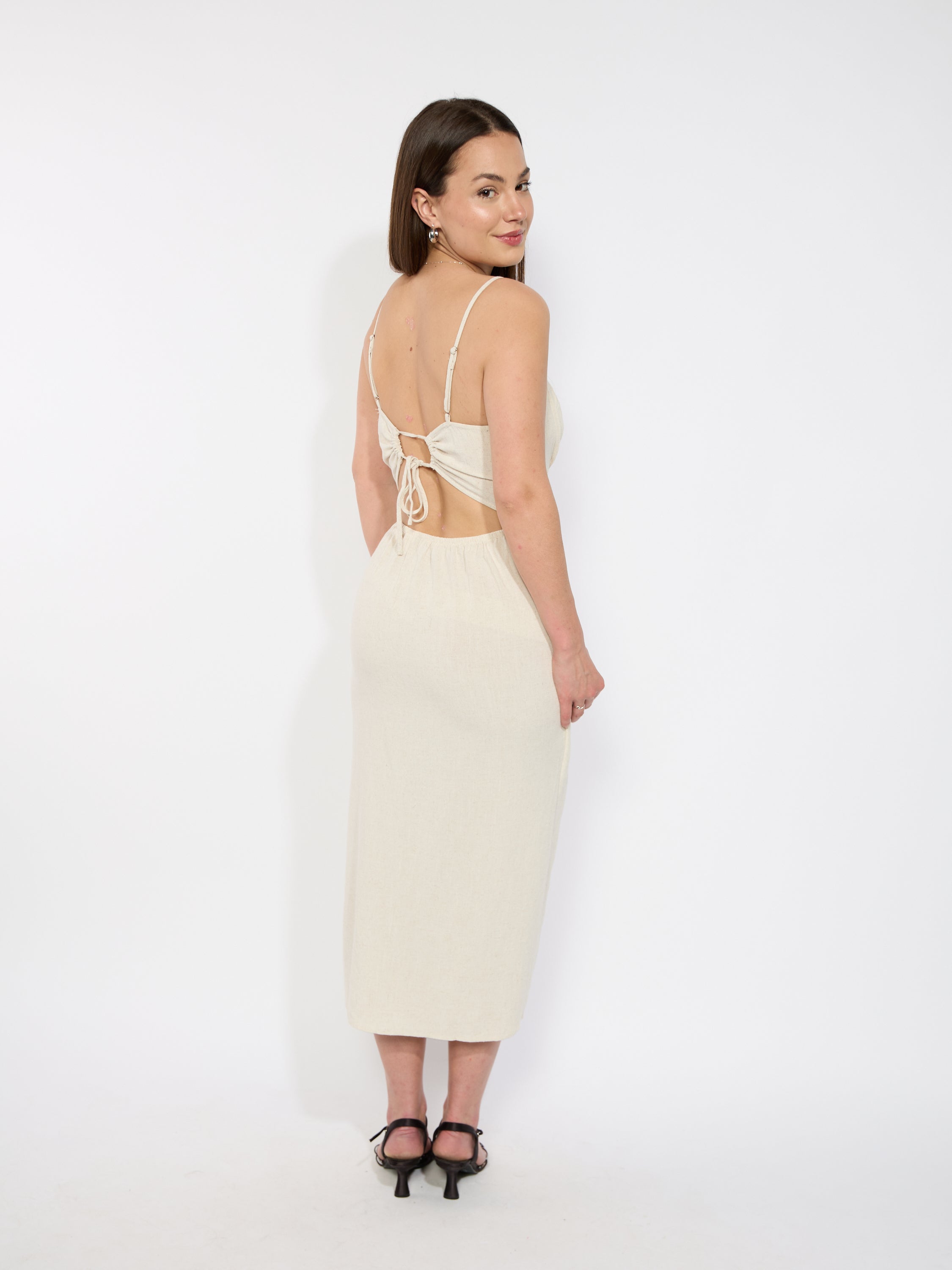 Tie Back Linen Midi Dress
