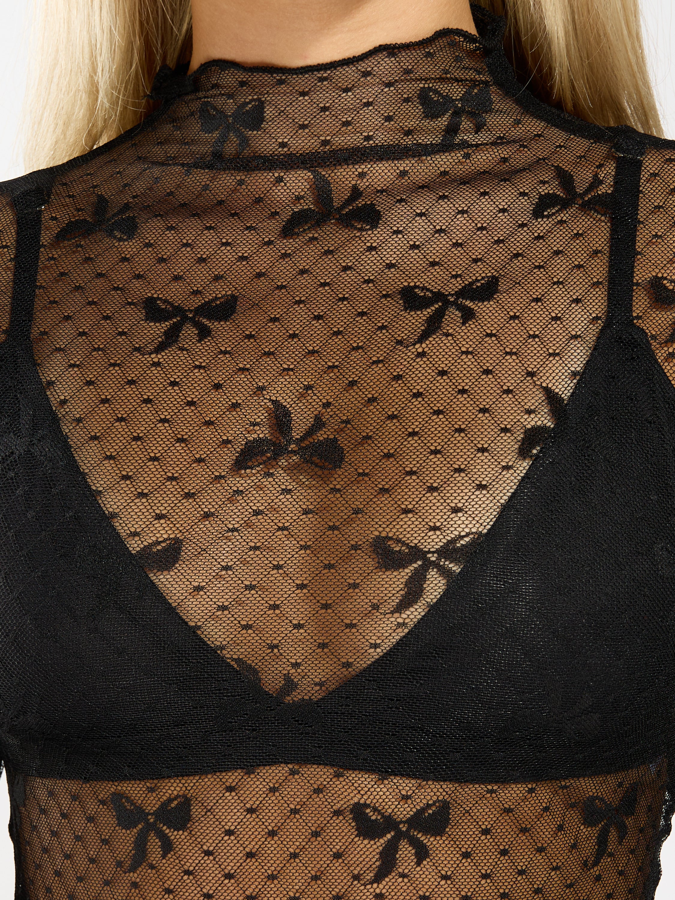 FRP Lace Long Sleeve Bow Detail Top