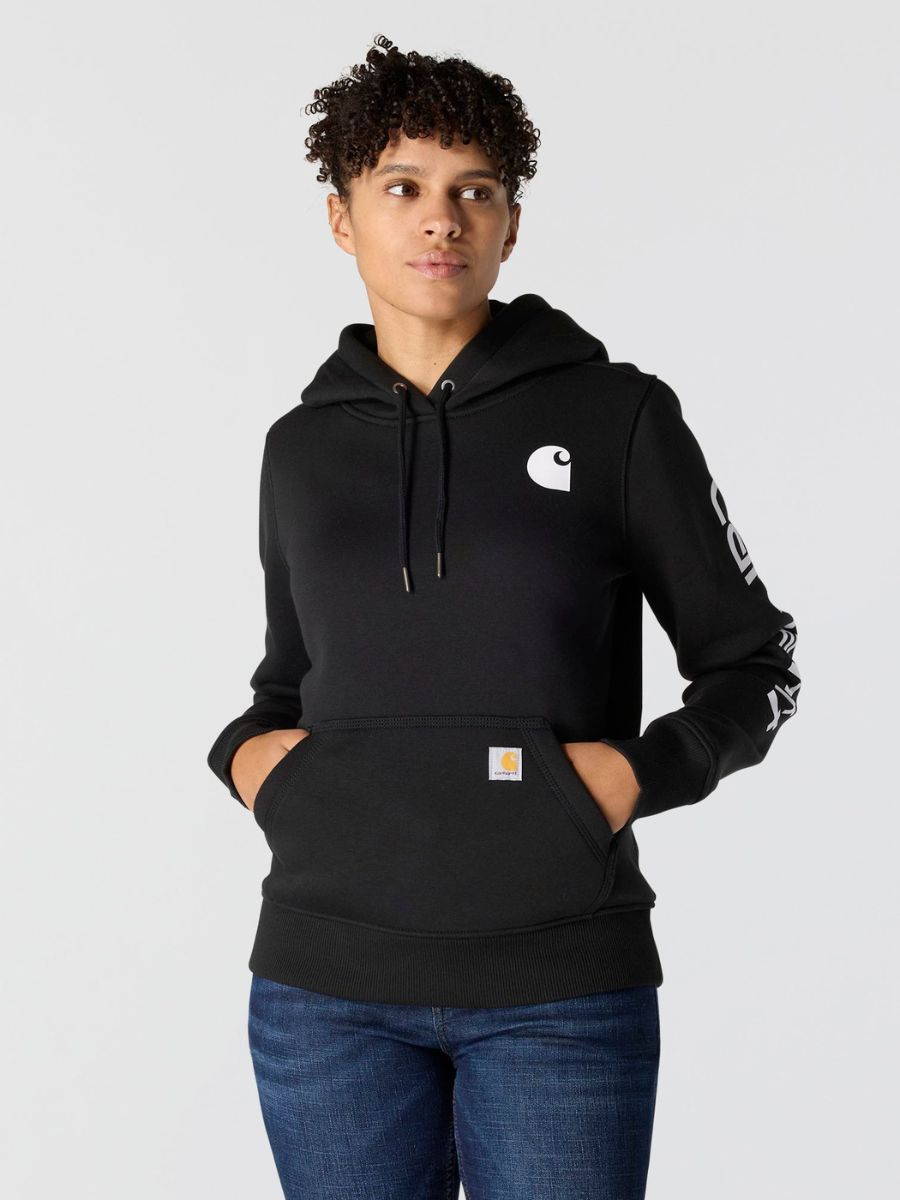 Carhartt Clarksburg Graphic Sleeve Pullover black hoodie modeled by person
