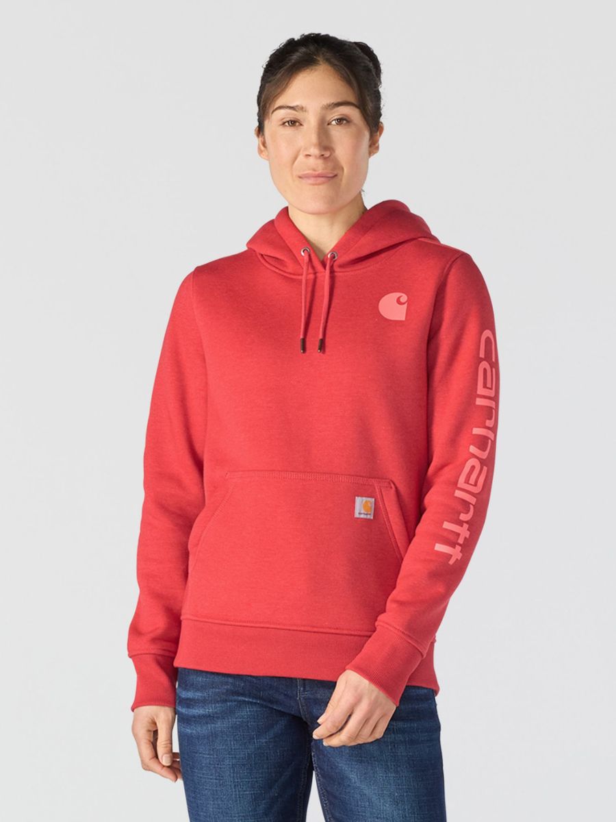 Carhartt Clarksburg Graphic Sleeve Pullover by Carhartt red hoodie on woman