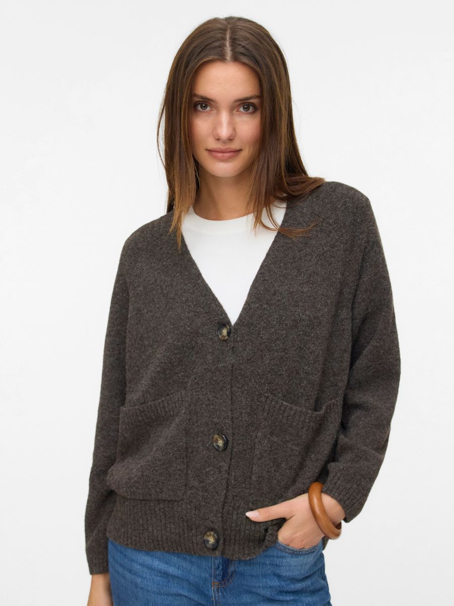 Boom Long Sleeve V-Neck Button Cardigan by Vero Moda in charcoal on model