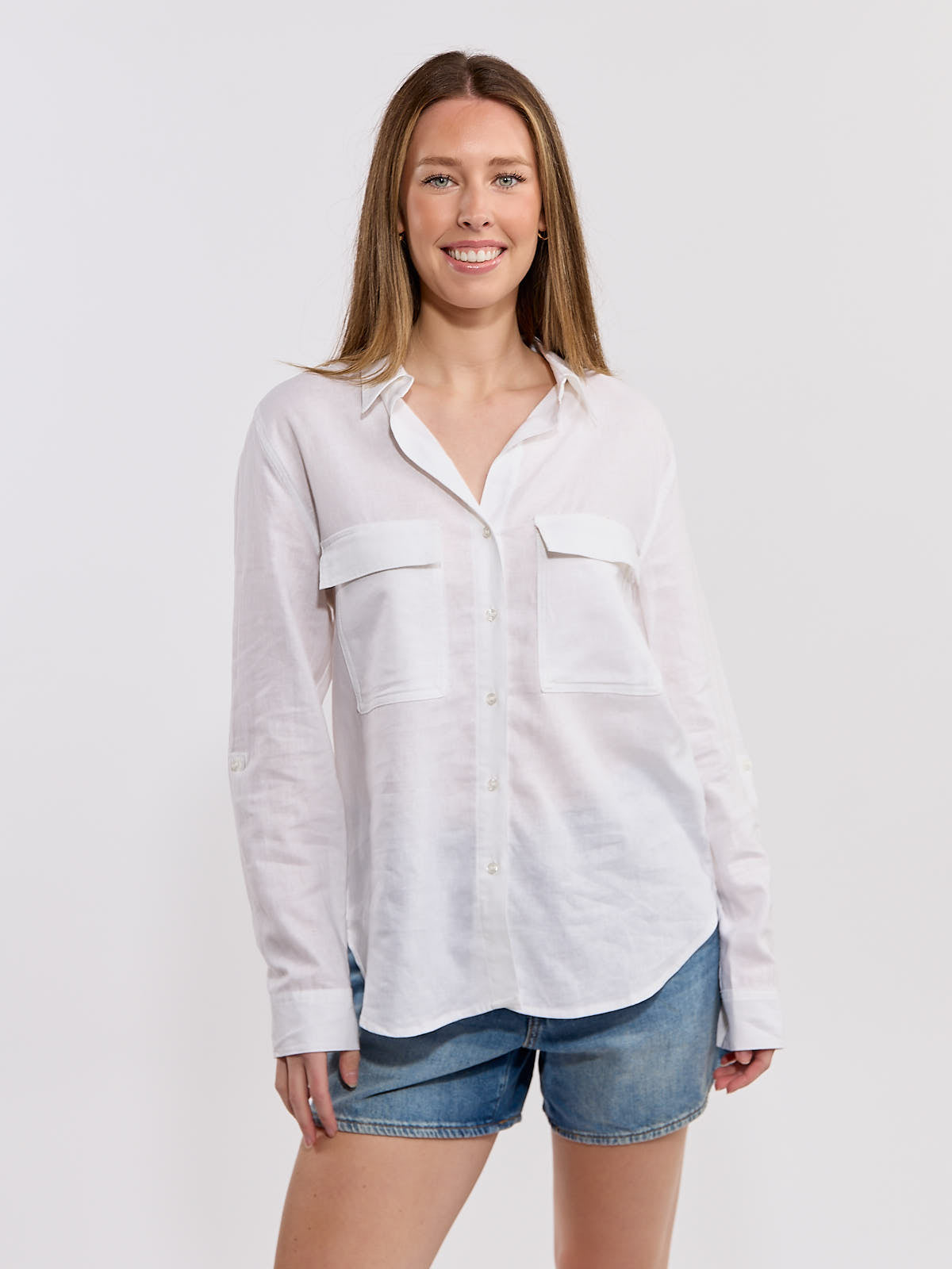 Long Sleeve Two Pocket Linen Blouse