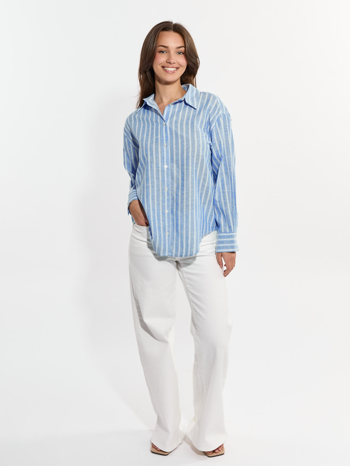 Striped Boxy Long Sleeve Woven Top