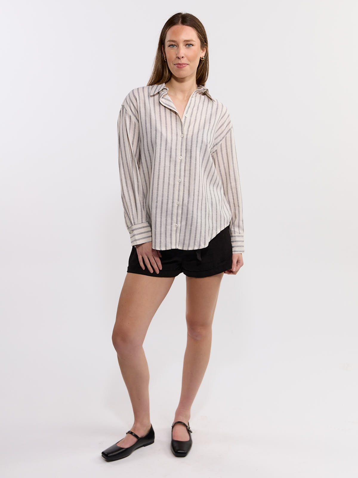 Striped Boxy Long Sleeve Woven Top
