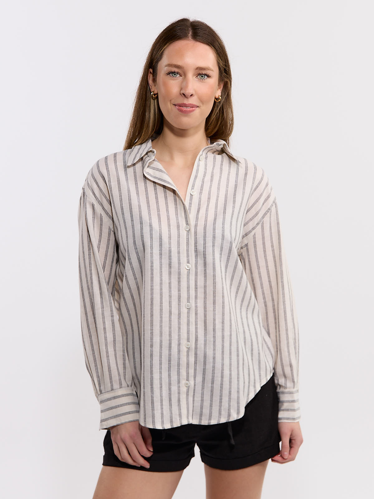 Striped Boxy Long Sleeve Woven Top