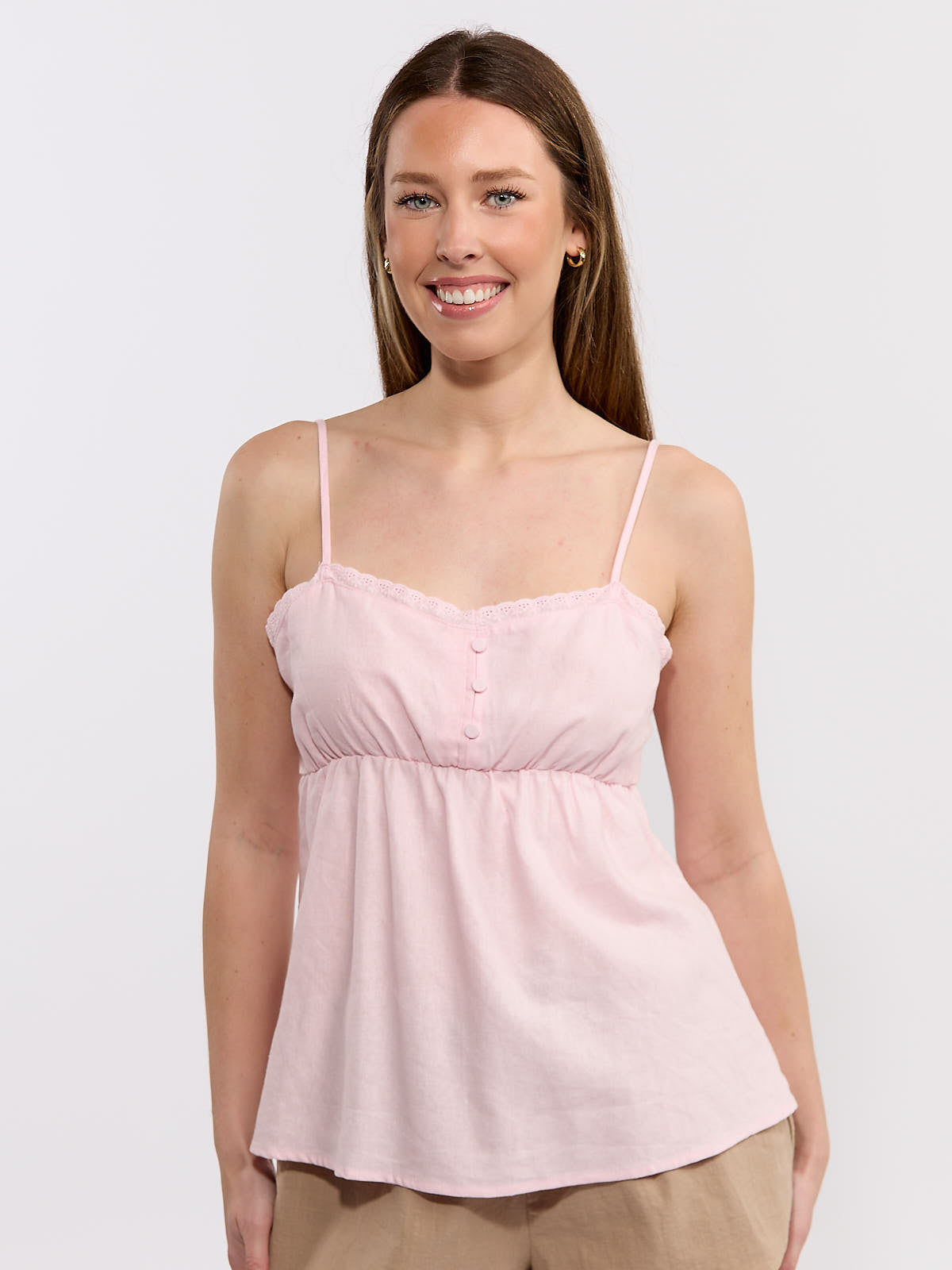 Linen 3 Button Lace Trim Tank Top