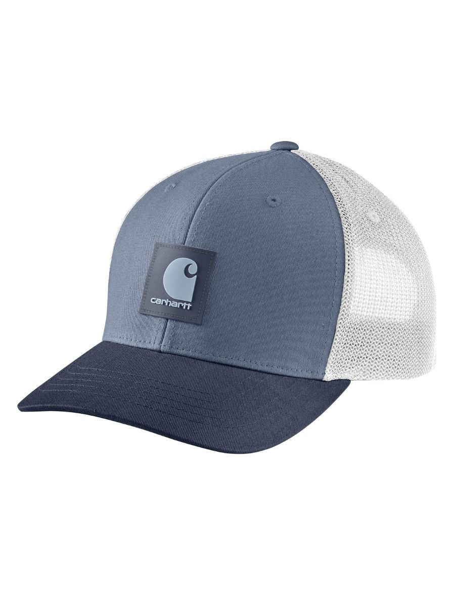 Carhartt Rugged Flex Mesh-Back Logo Patch Cap in gray and navy