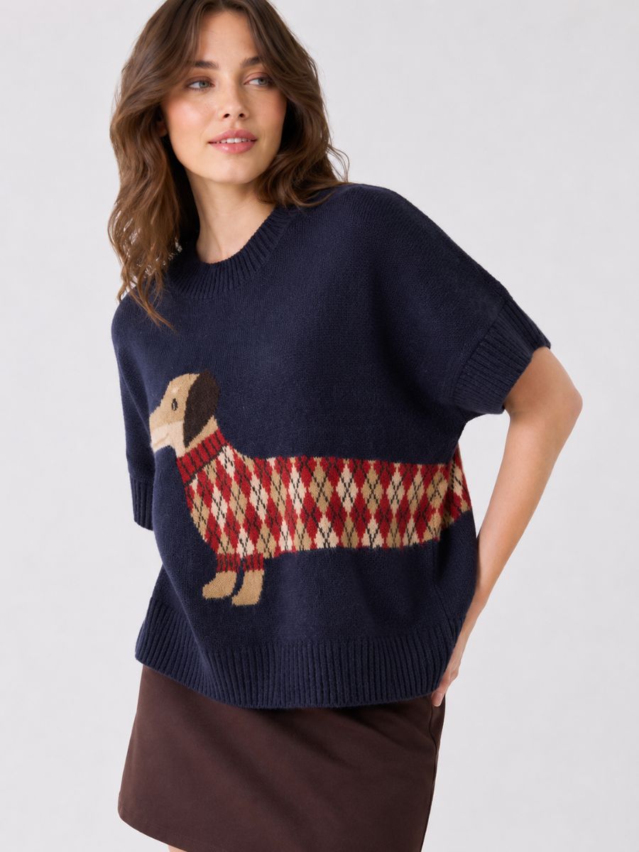Dachshund Short Sleeve Sweater by Very J modeled in navy