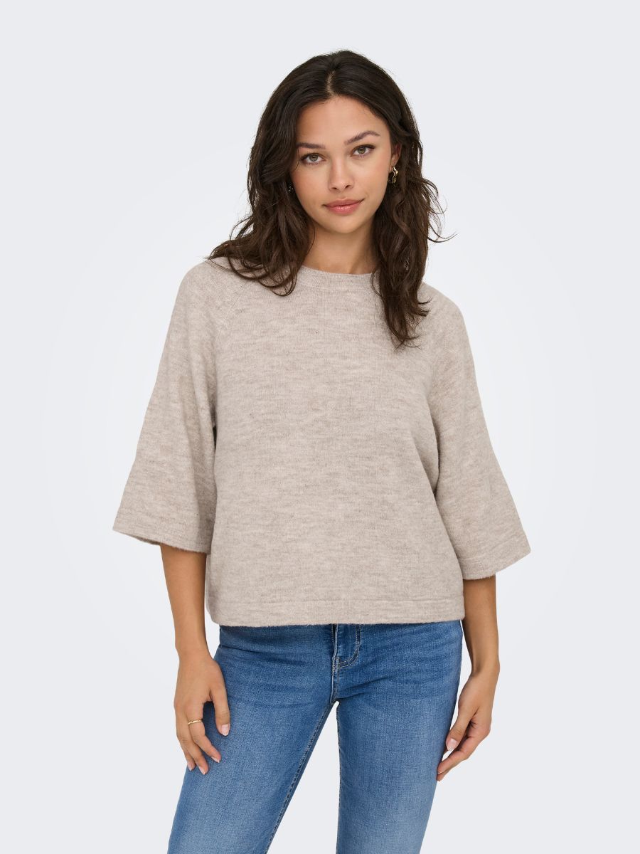 Only Simoni 3/4 Knit Pullover by Only shown on model in beige knit top