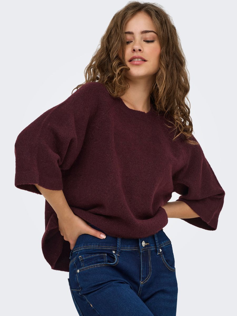 Only Simoni 3/4 Knit Pullover by Only modeled in burgundy knit sweater