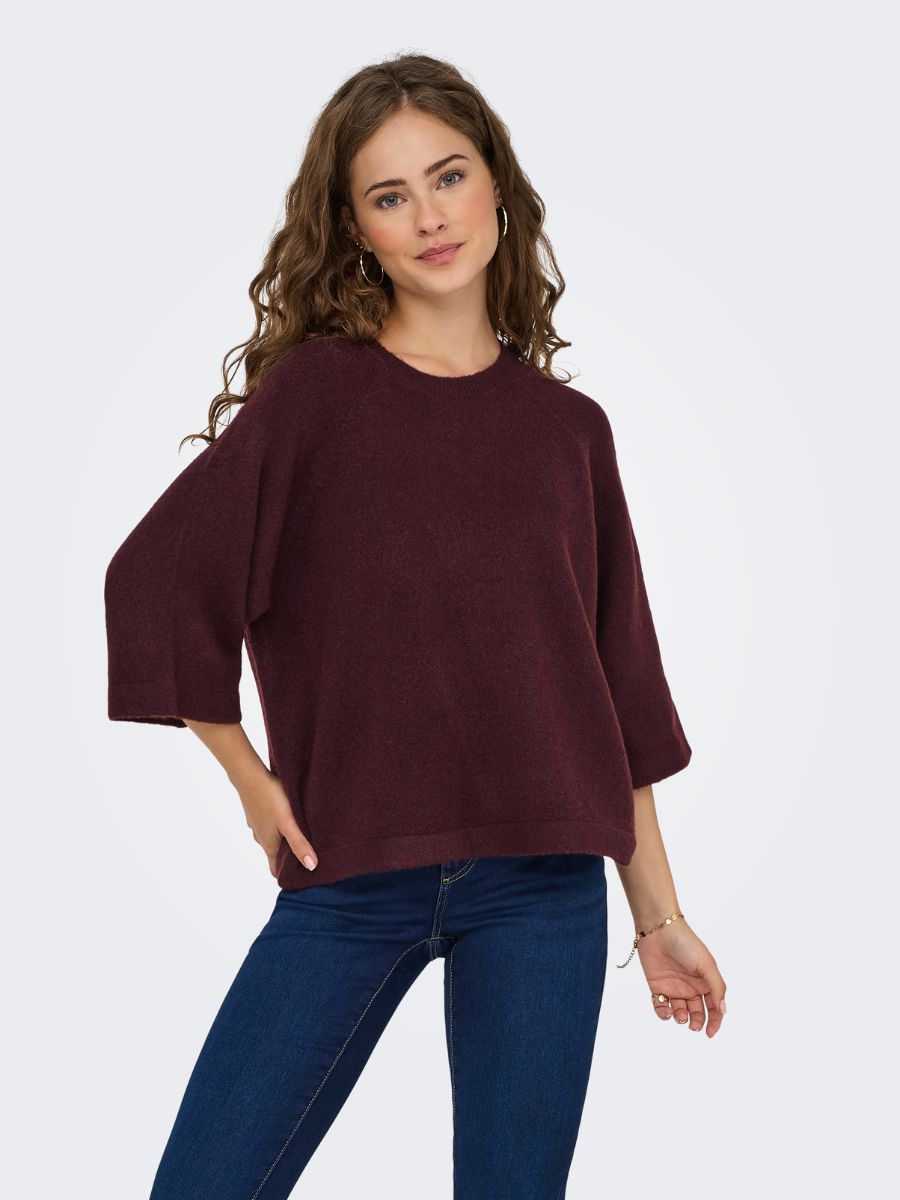 Only Simoni 3/4 Knit Pullover by Only modeled in burgundy knit sweater