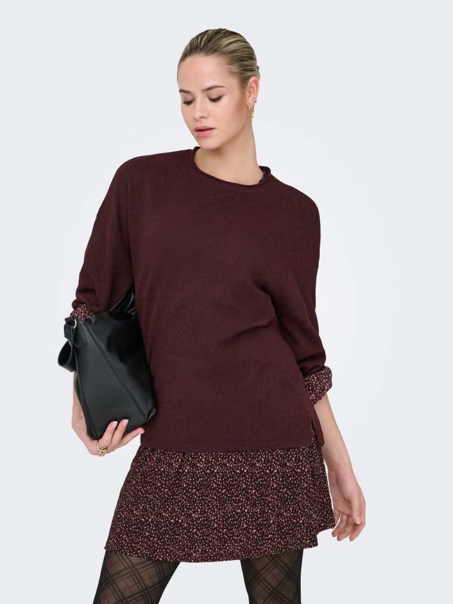 Only Loyal Amalio O-Neck Knit Top by Only in burgundy on model