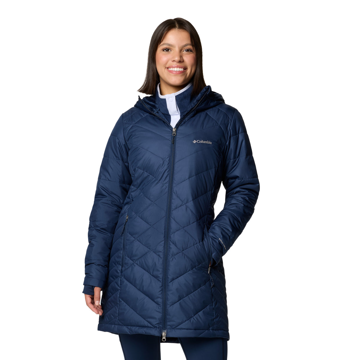 Columbia Women's Heavenly Long Hooded Jacket in navy worn by a model