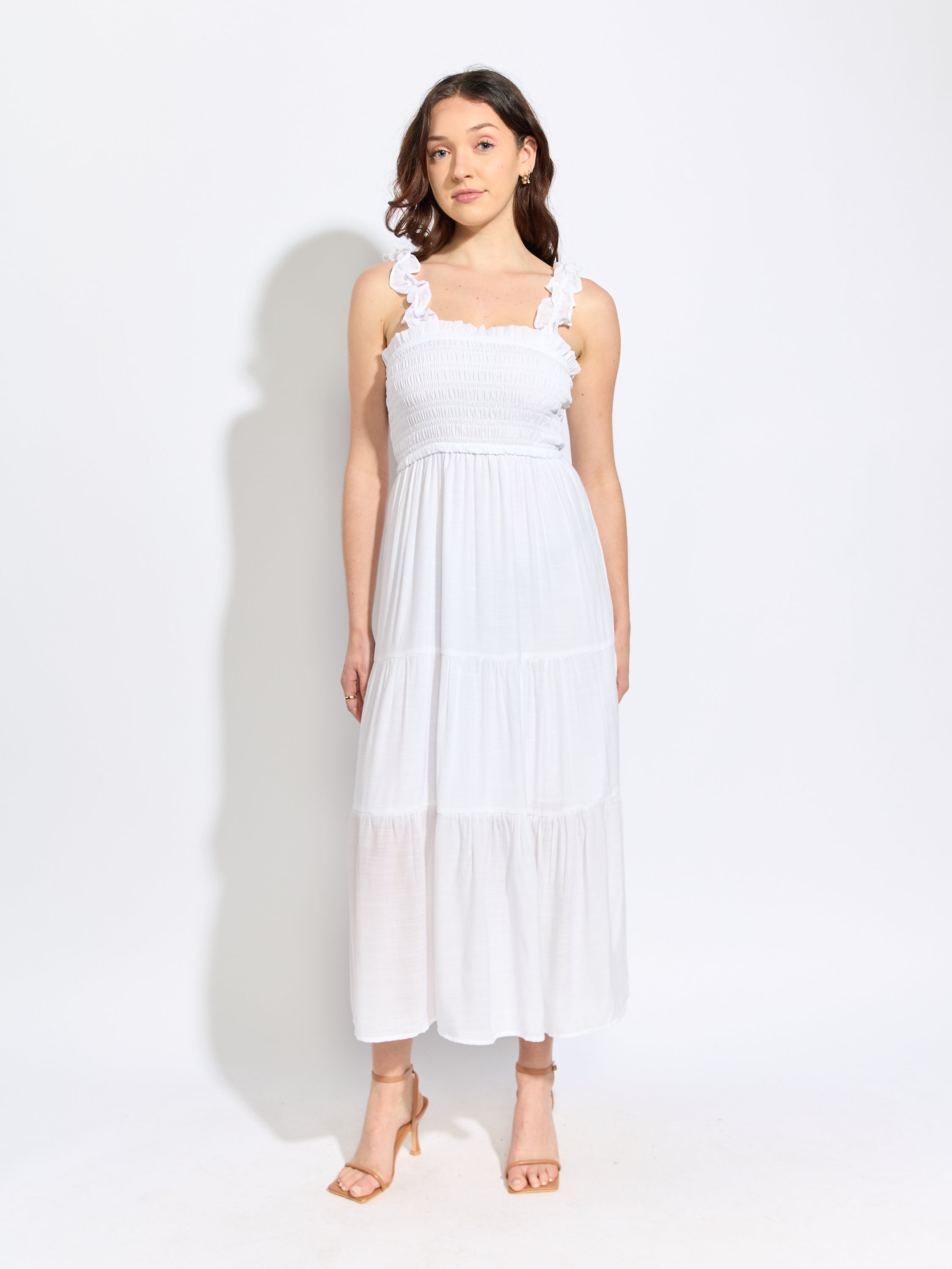 Ruffle Strap Linen Midi Dress