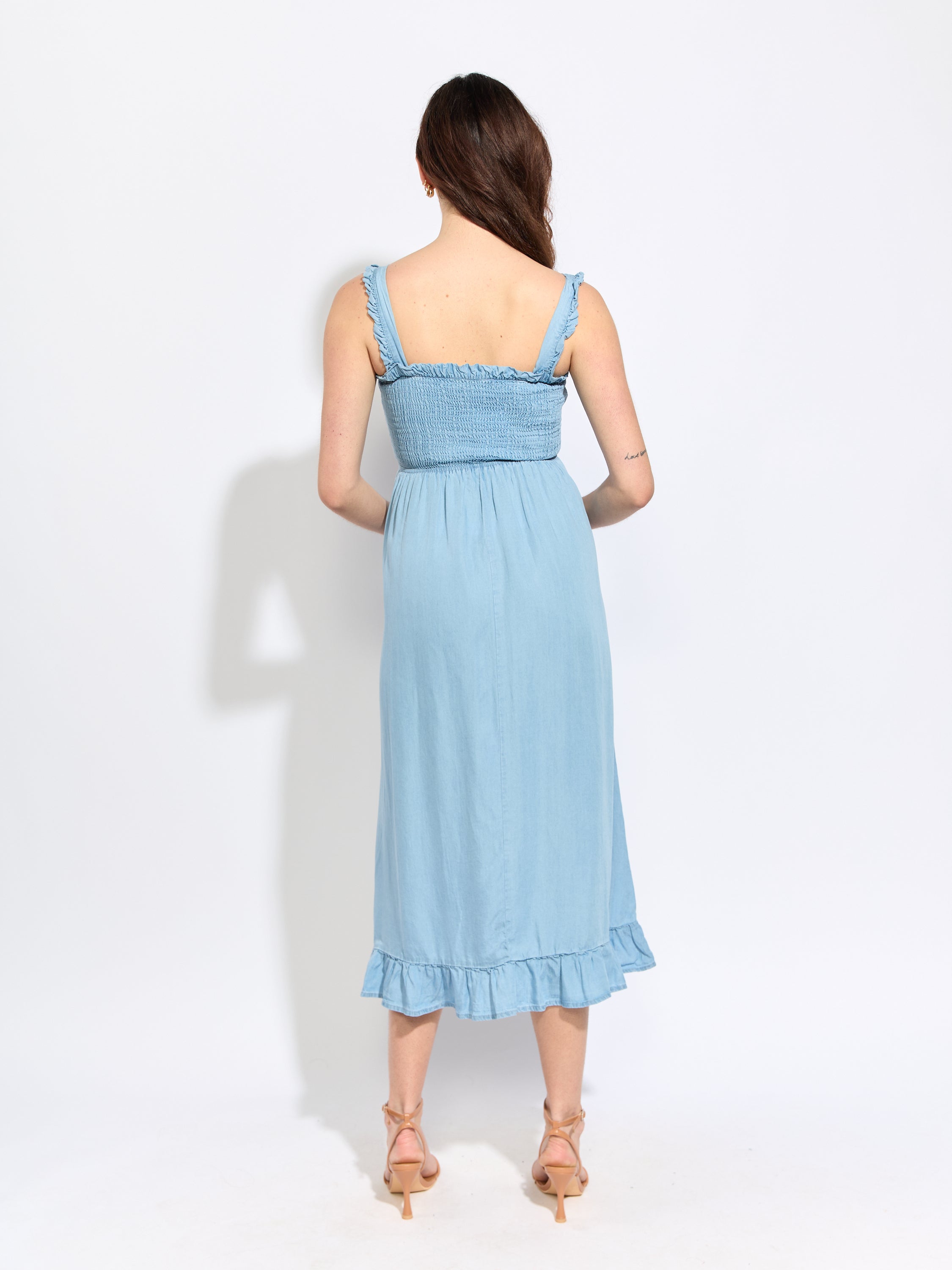 Smock Ruffle Sleeve Chambray Midi Dress