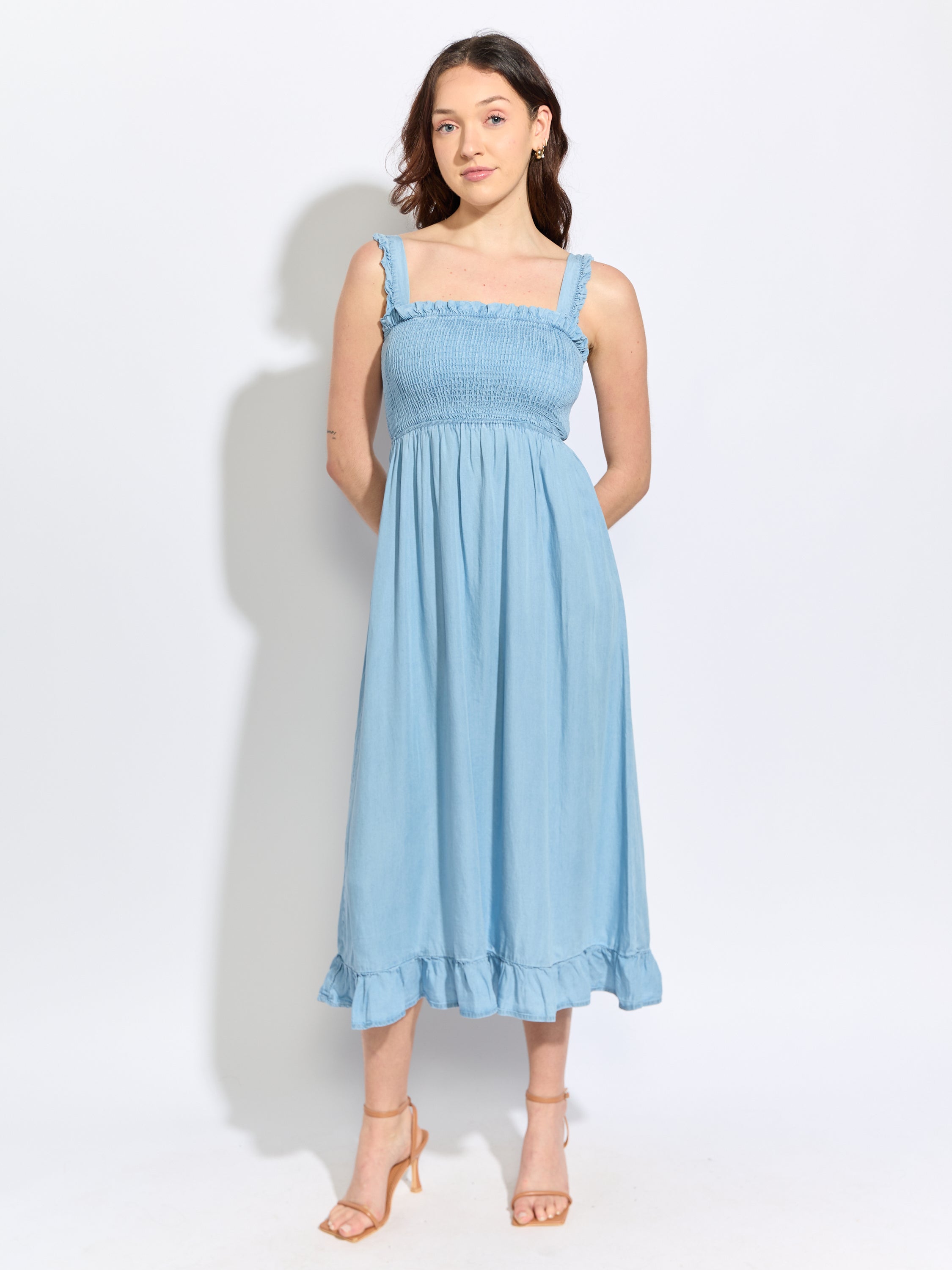 Smock Ruffle Sleeve Chambray Midi Dress