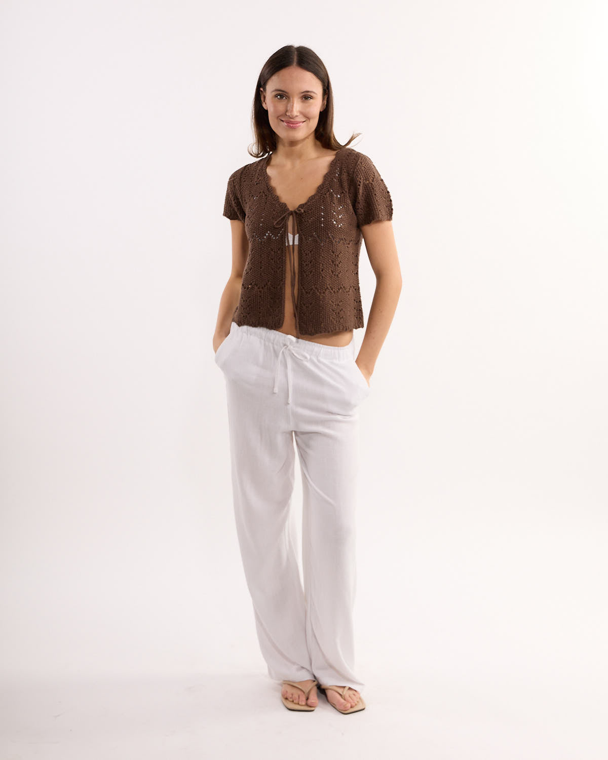 Roy Short Sleeve Tie-Front Crochet Top