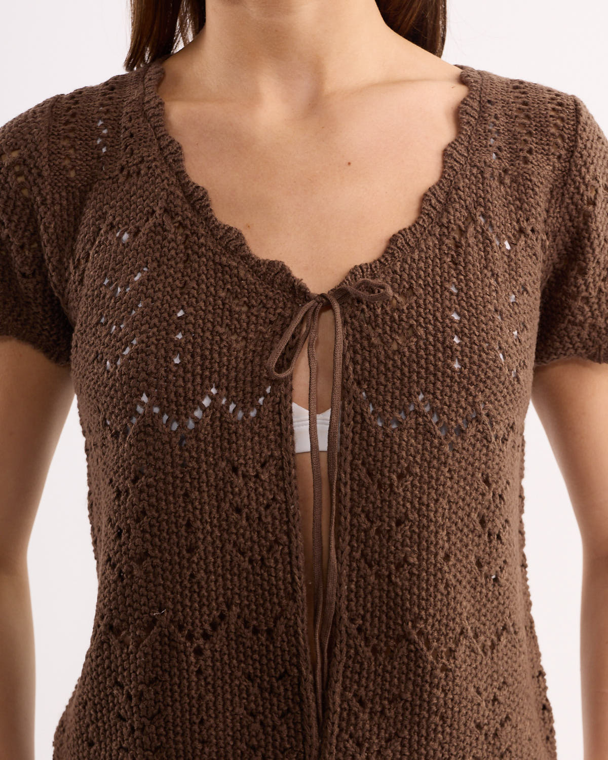 Roy Short Sleeve Tie-Front Crochet Top