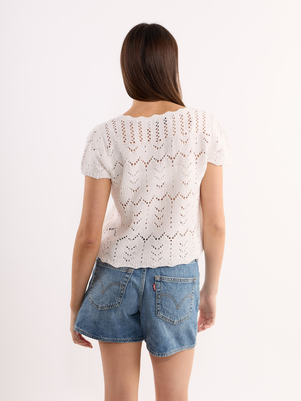 Roy Short Sleeve Tie-Front Crochet Top