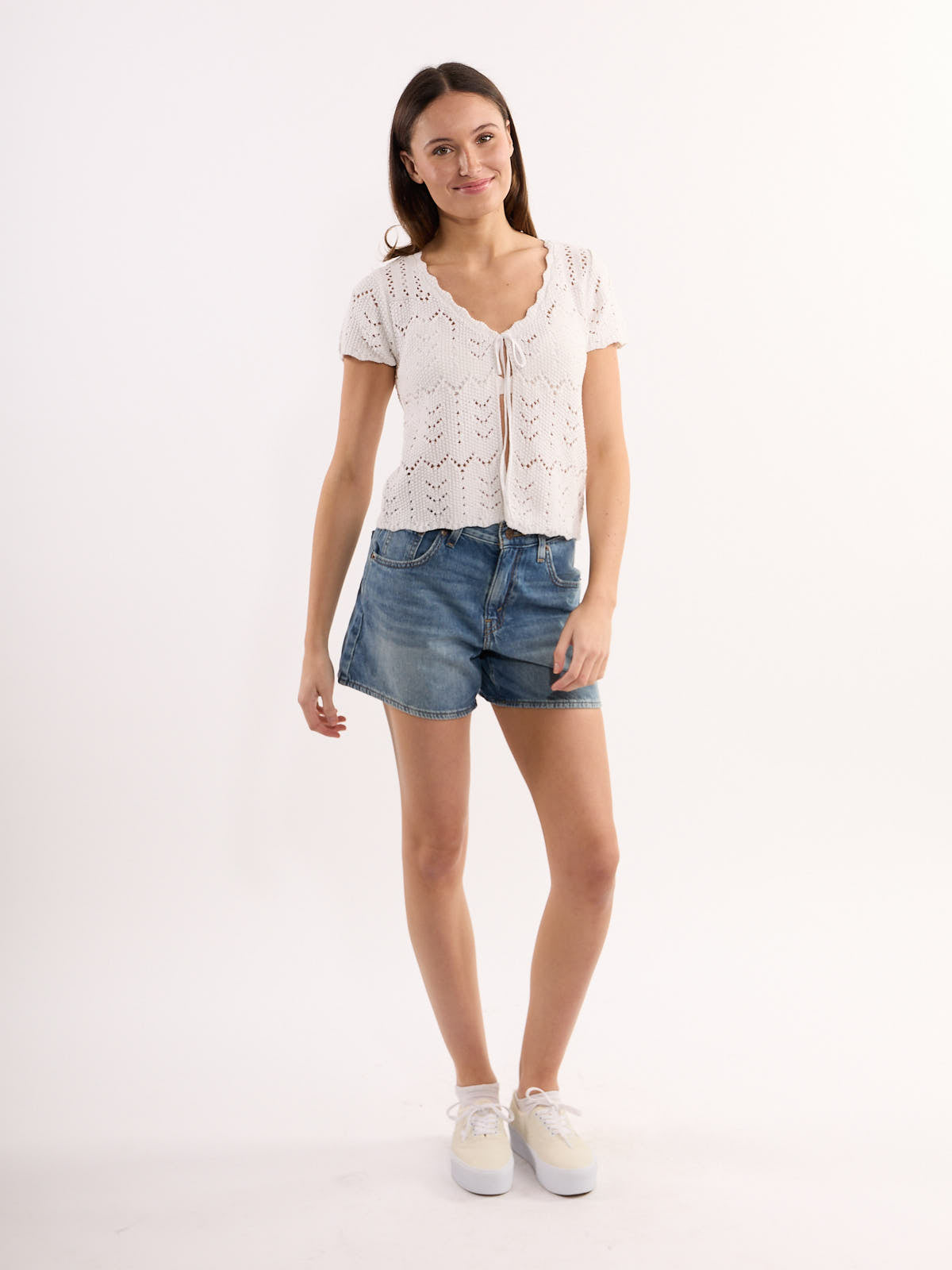 Roy Short Sleeve Tie-Front Crochet Top
