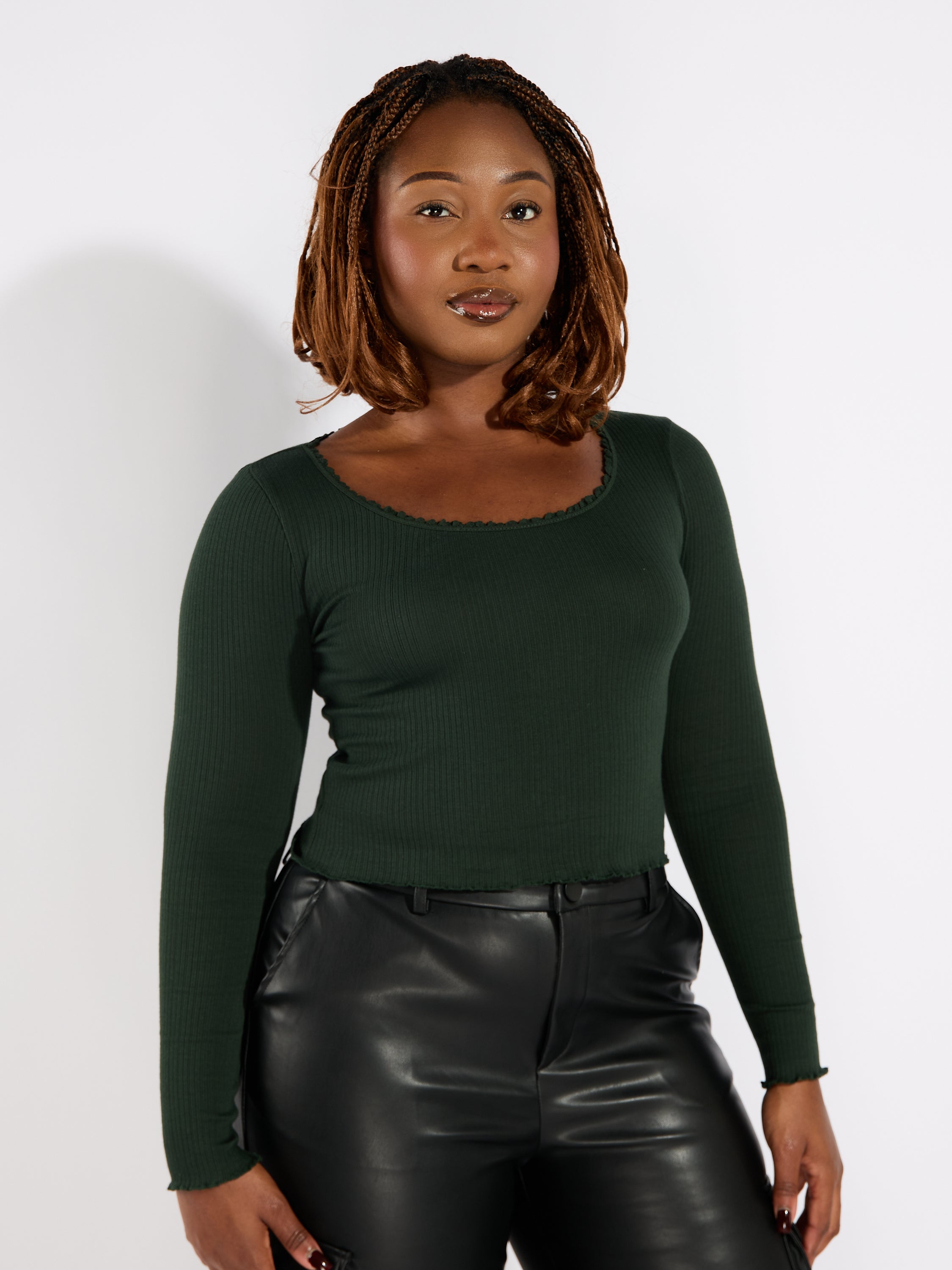 Scoop Neck Long Sleeve Lettuce Hem Knit Top