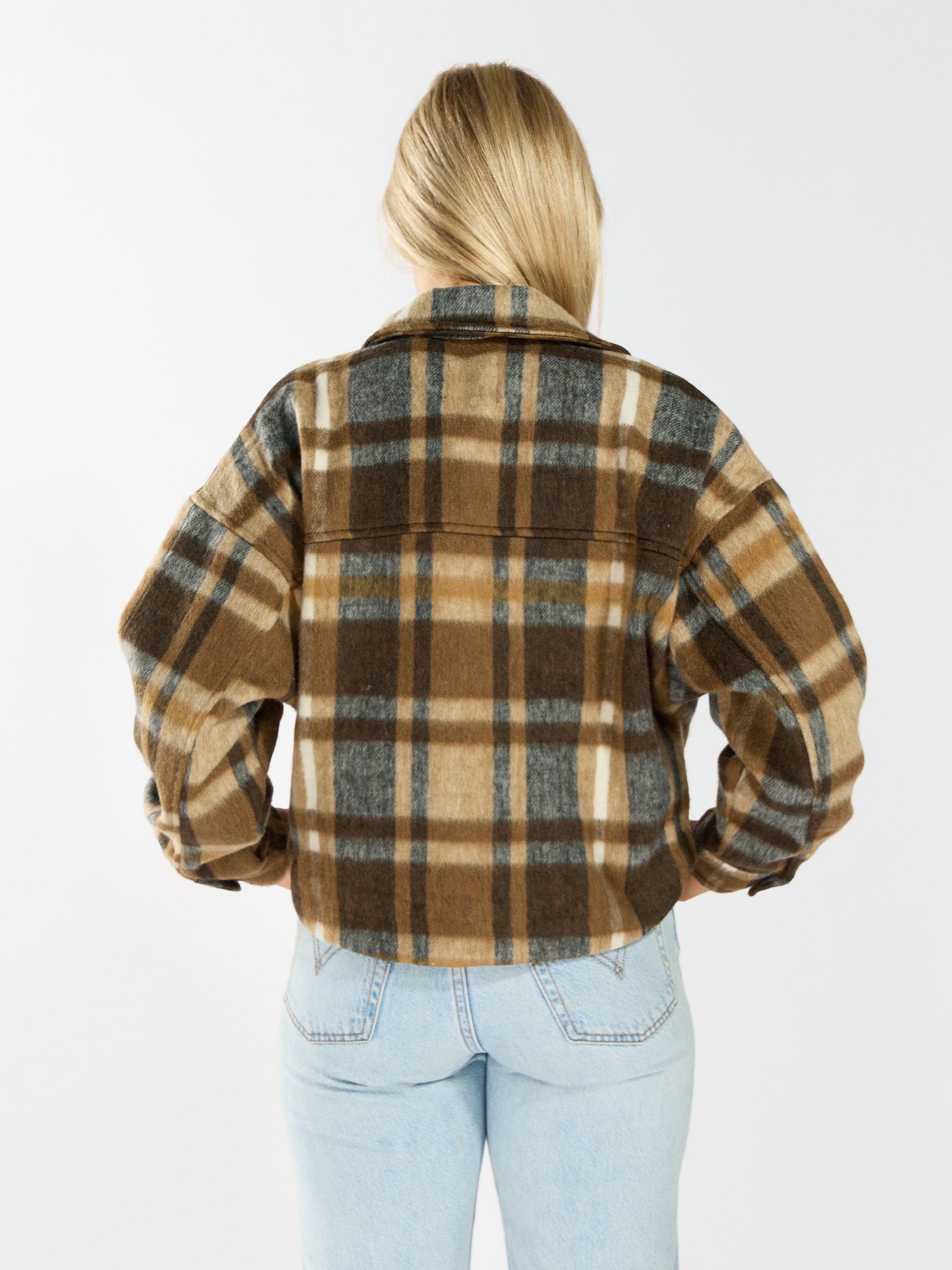 Cropped Plaid Shacket with Two Pockets