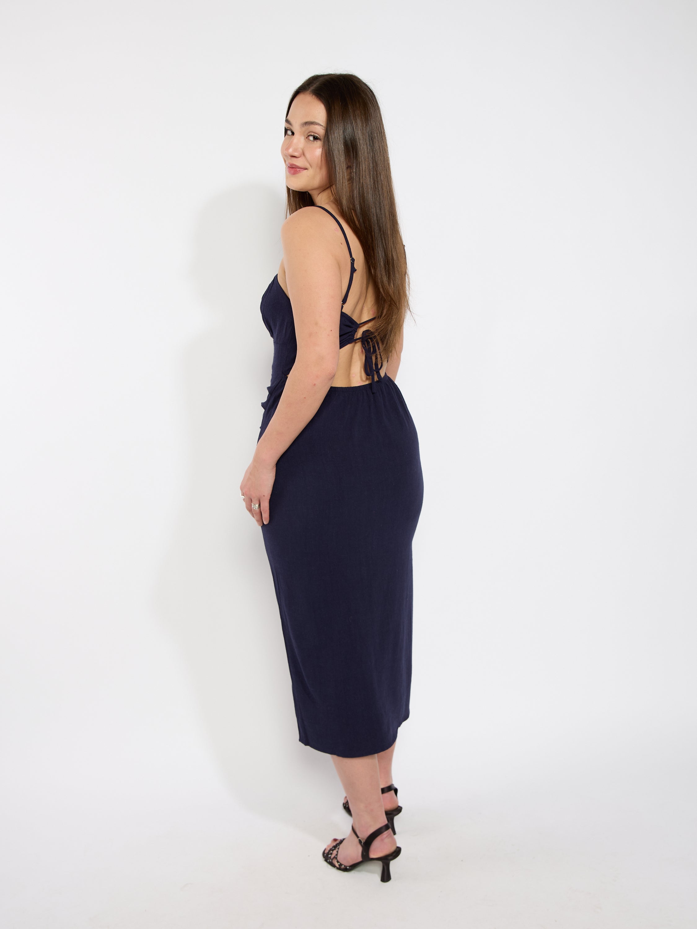 Tie Back Linen Midi Dress
