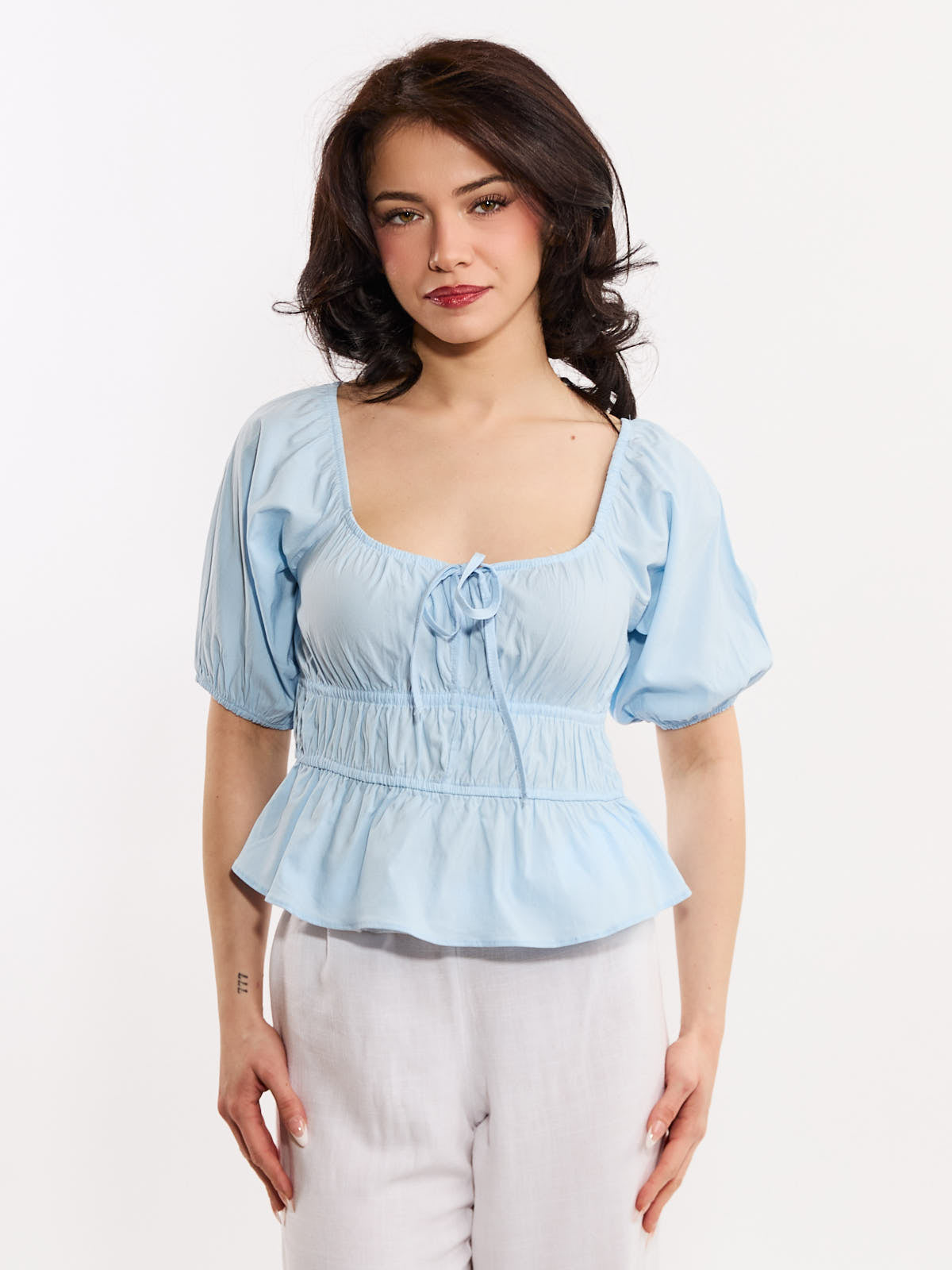 Cindy Bubble Short Sleeve Tie-Front Top
