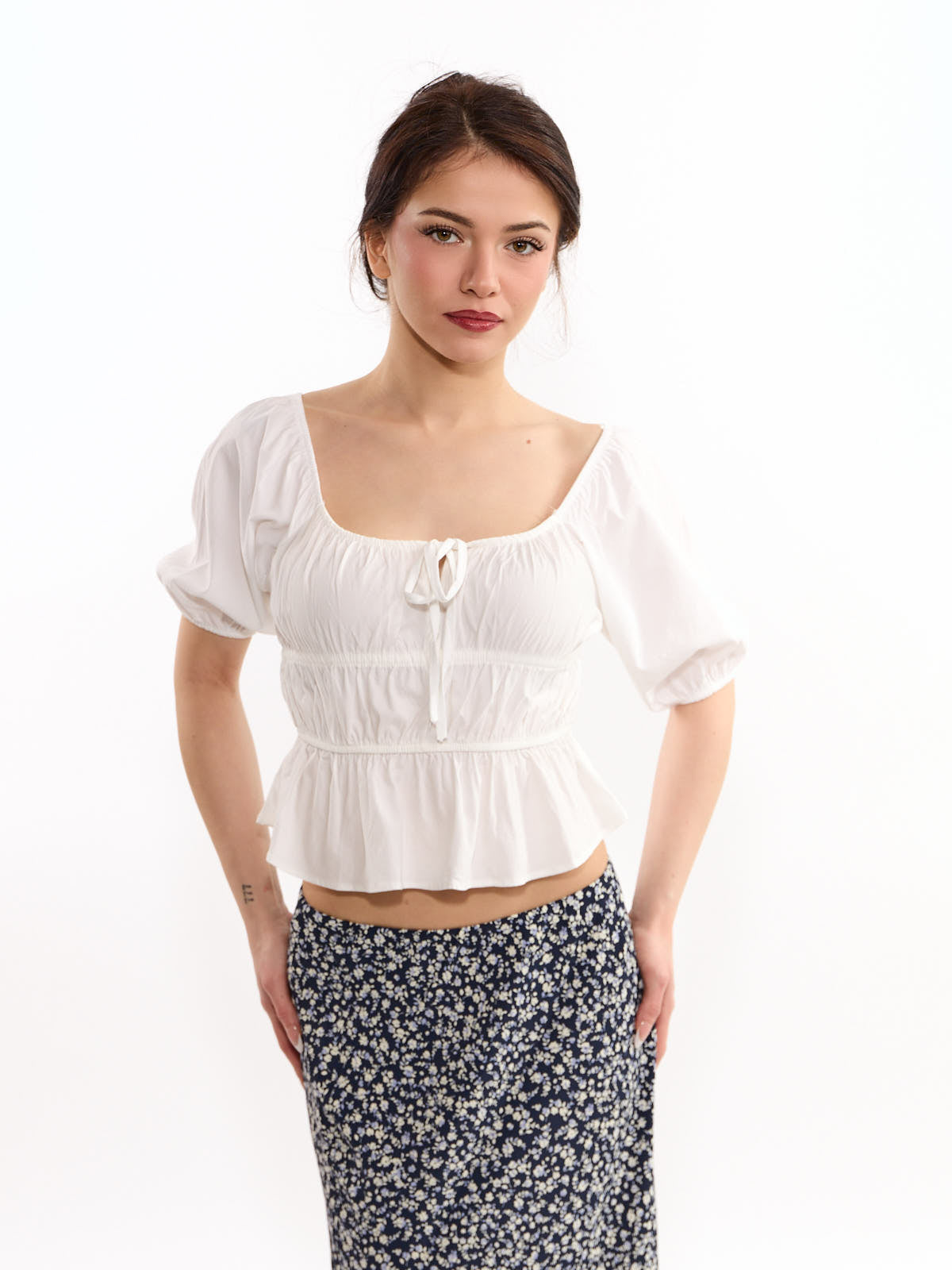 Cindy Bubble Short Sleeve Tie-Front Top