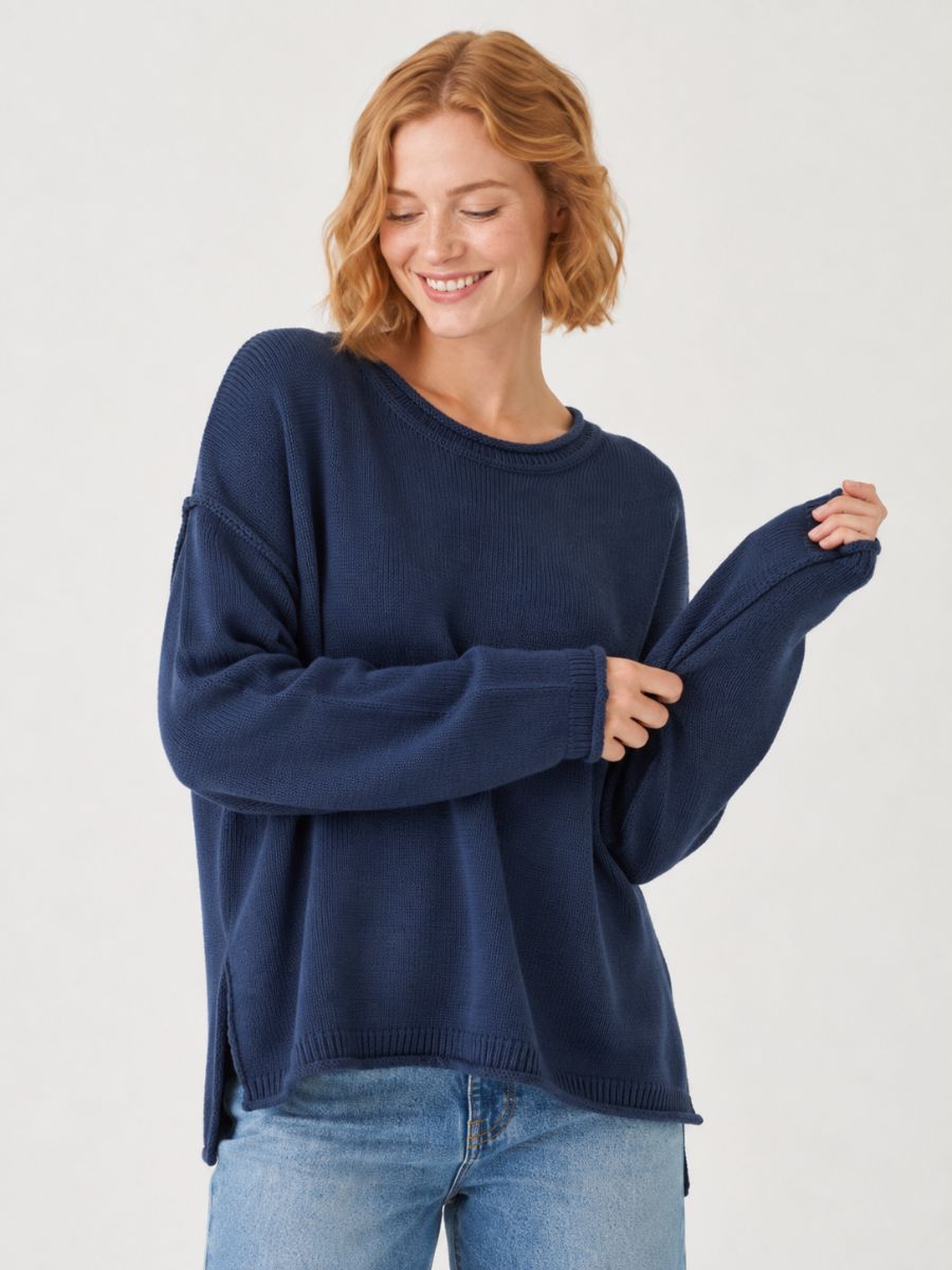 Mine Robin Dolman Long Sleeve Sweater shown on model in navy