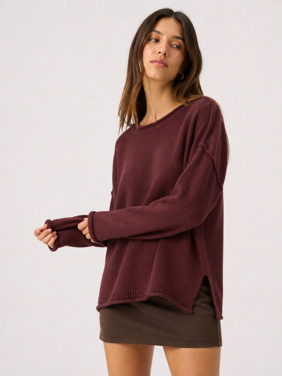 Mine Robin Dolman Long Sleeve Sweater modeled in burgundy