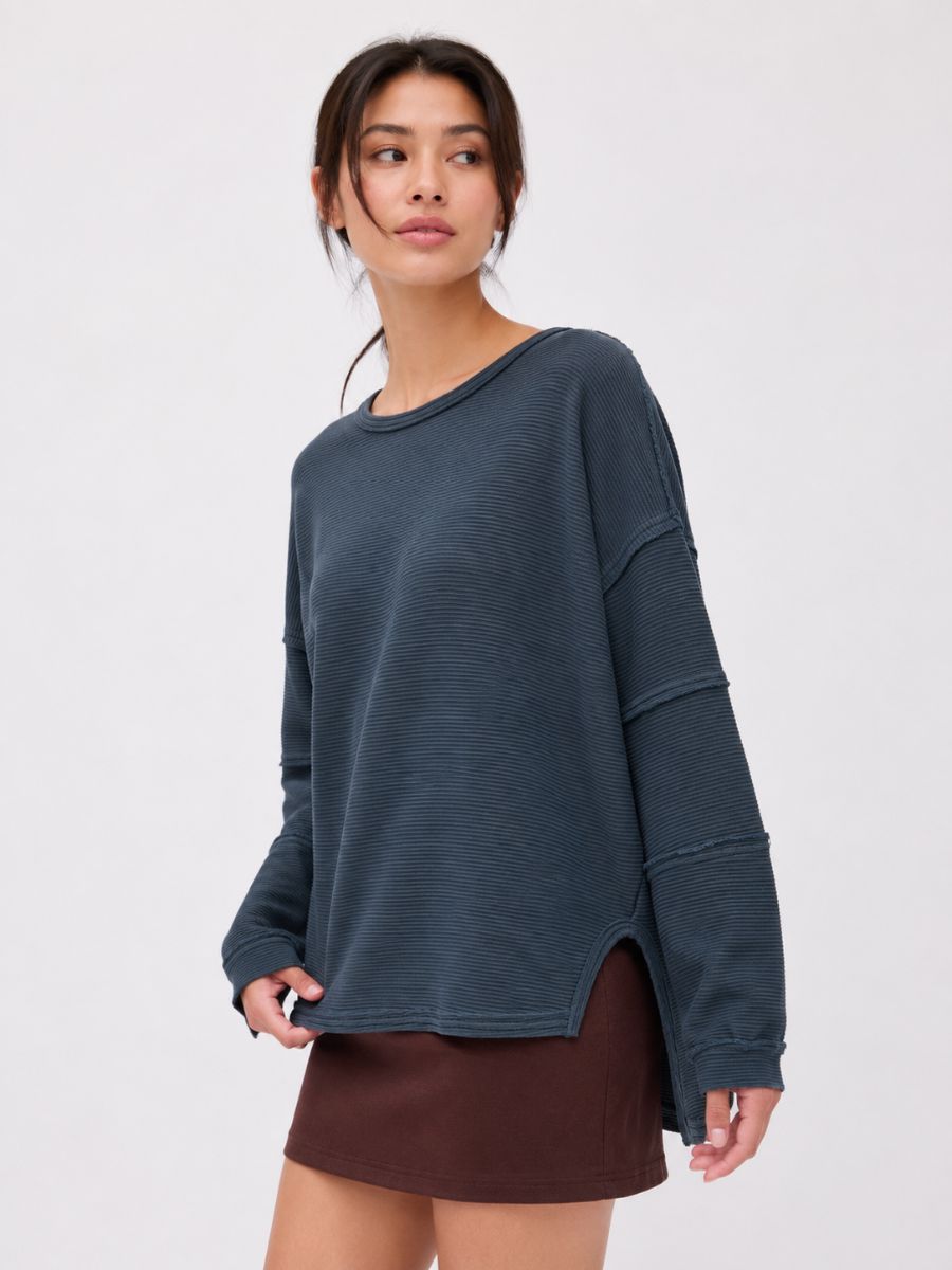 Mine Oversized Long Sleeve Knit Top in navy worn by model