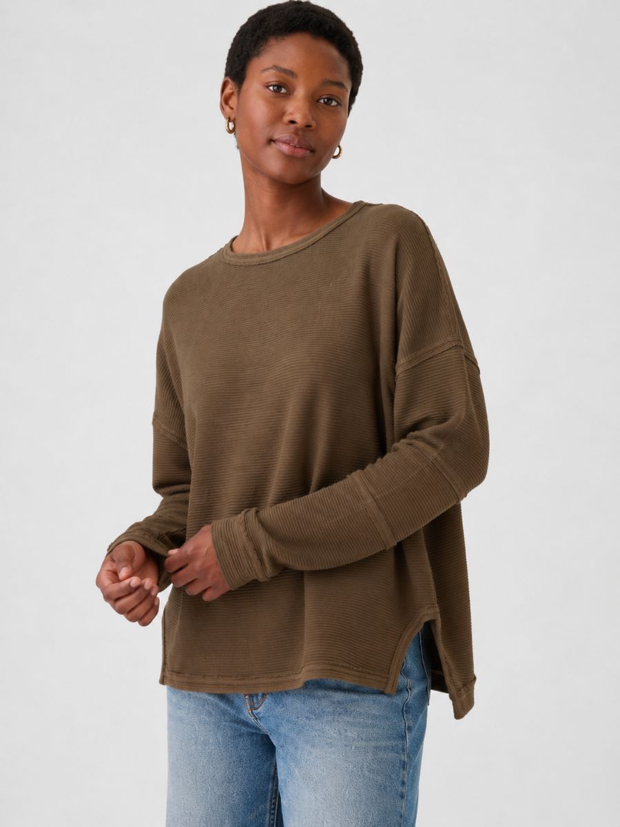 Mine Oversized Long Sleeve Knit Top in brown worn by model