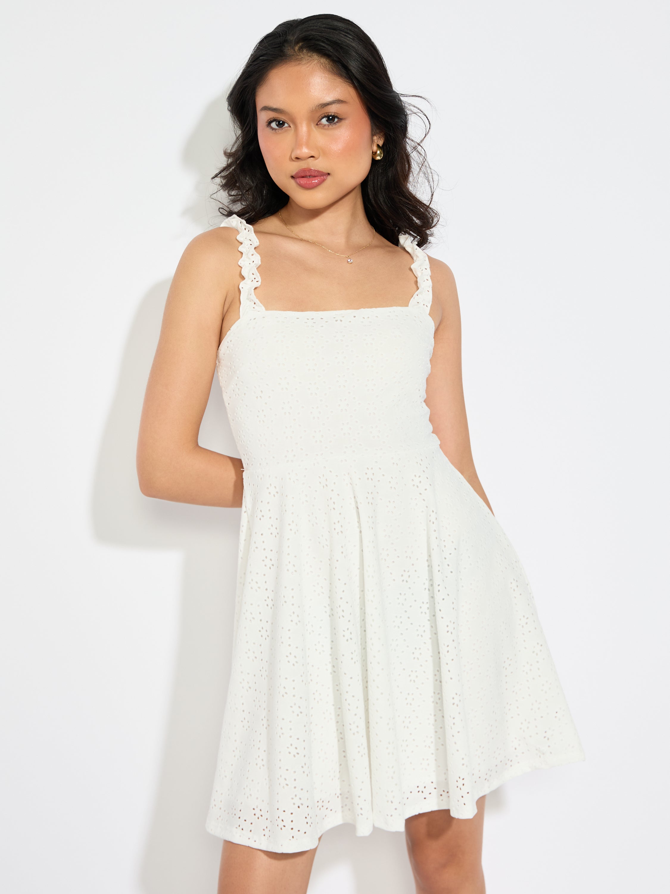 Ruffle Strap Eyelet Dress