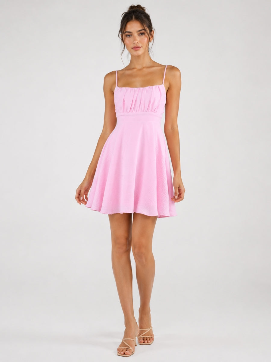 Hallie Ruched Spaghetti Strap Tie Back Dress