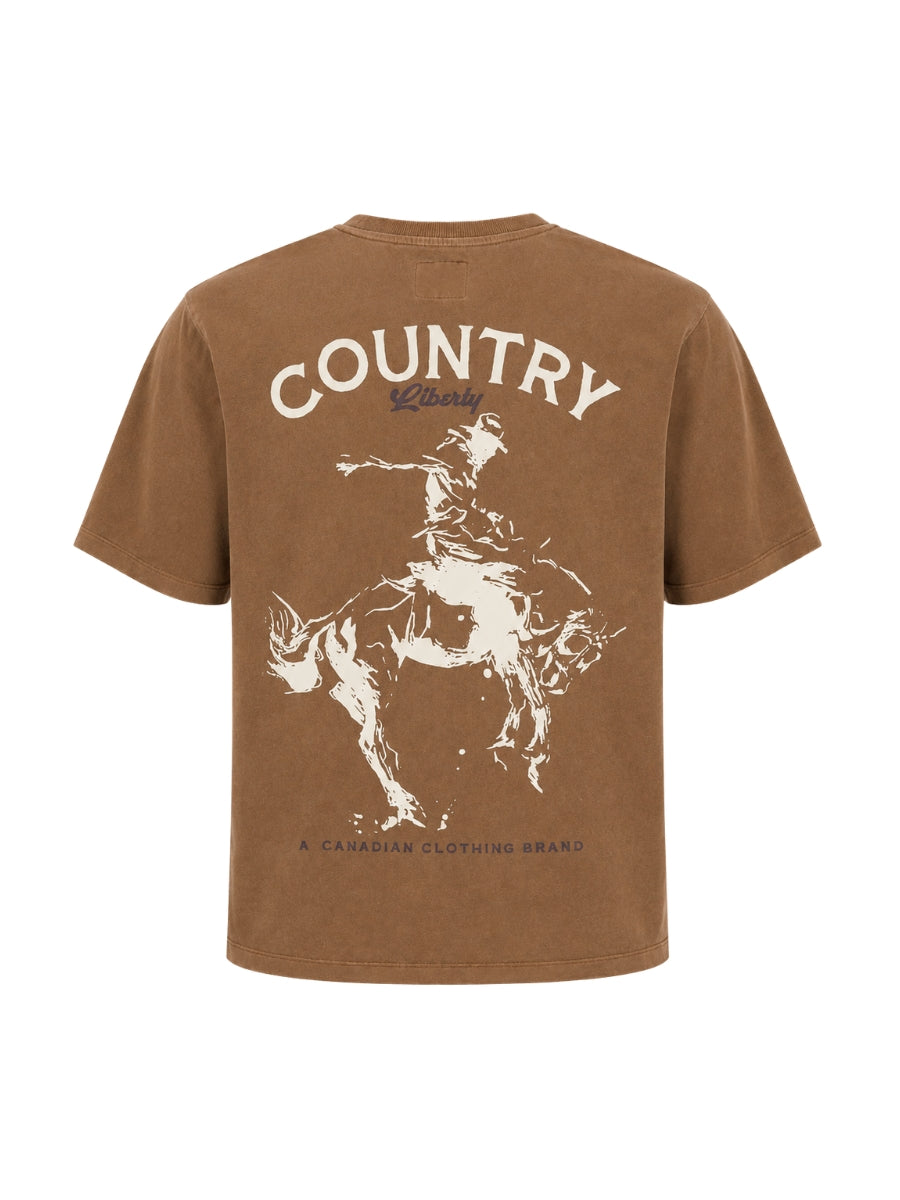 Country Liberty Saddle Bronco T-Shirt by Country Liberty in brown with cowboy graphic