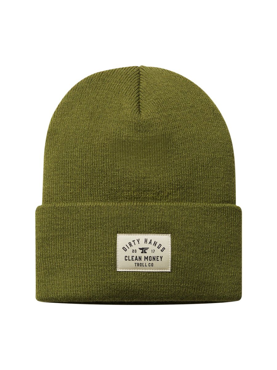Troll Co. Dirty Hands Clean Money Woven Label Green Beanie