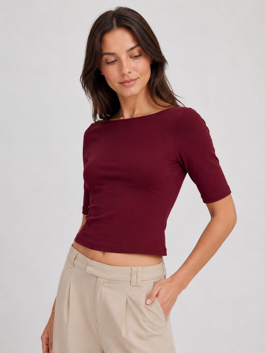Form 3/4 Boatneck Knit Top by Mine in burgundy worn by model