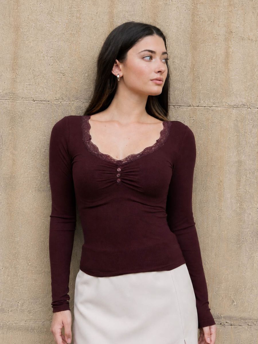 Sutton Lace Trim 3-Button Knit Top