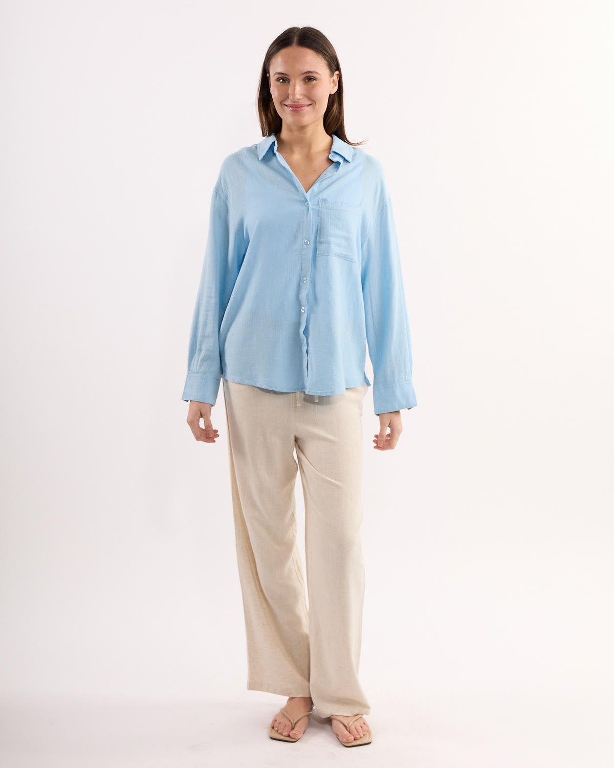 Linen Button-Down Long Sleeve Blouse