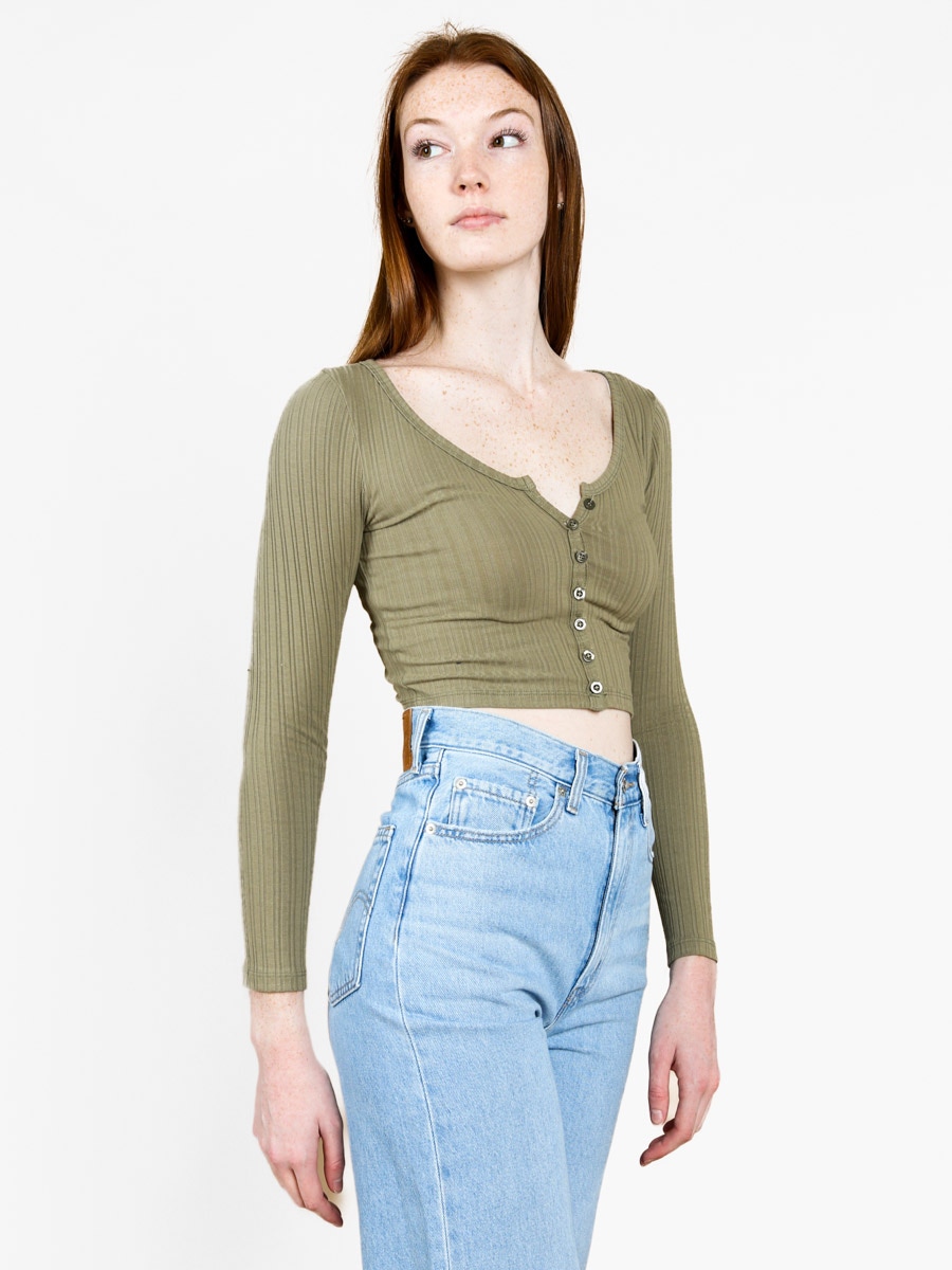 Ribbed Button Front Long Sleeve Top, ,  [category]