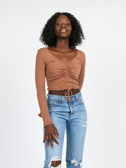Rusched Front Long Sleeve Top, ,  [category]